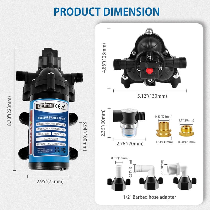 wassermann 115V AC Water Diaphragm Pump,4.5GPM 55PSI 1/2" NPSM with 8.2ft Power Cord & Plug,Self-Priming Fresh Water Pressure Booster Pump,Pressure Switch, for Garden Kitchen Bathroom RV Marine Camper - Image 5